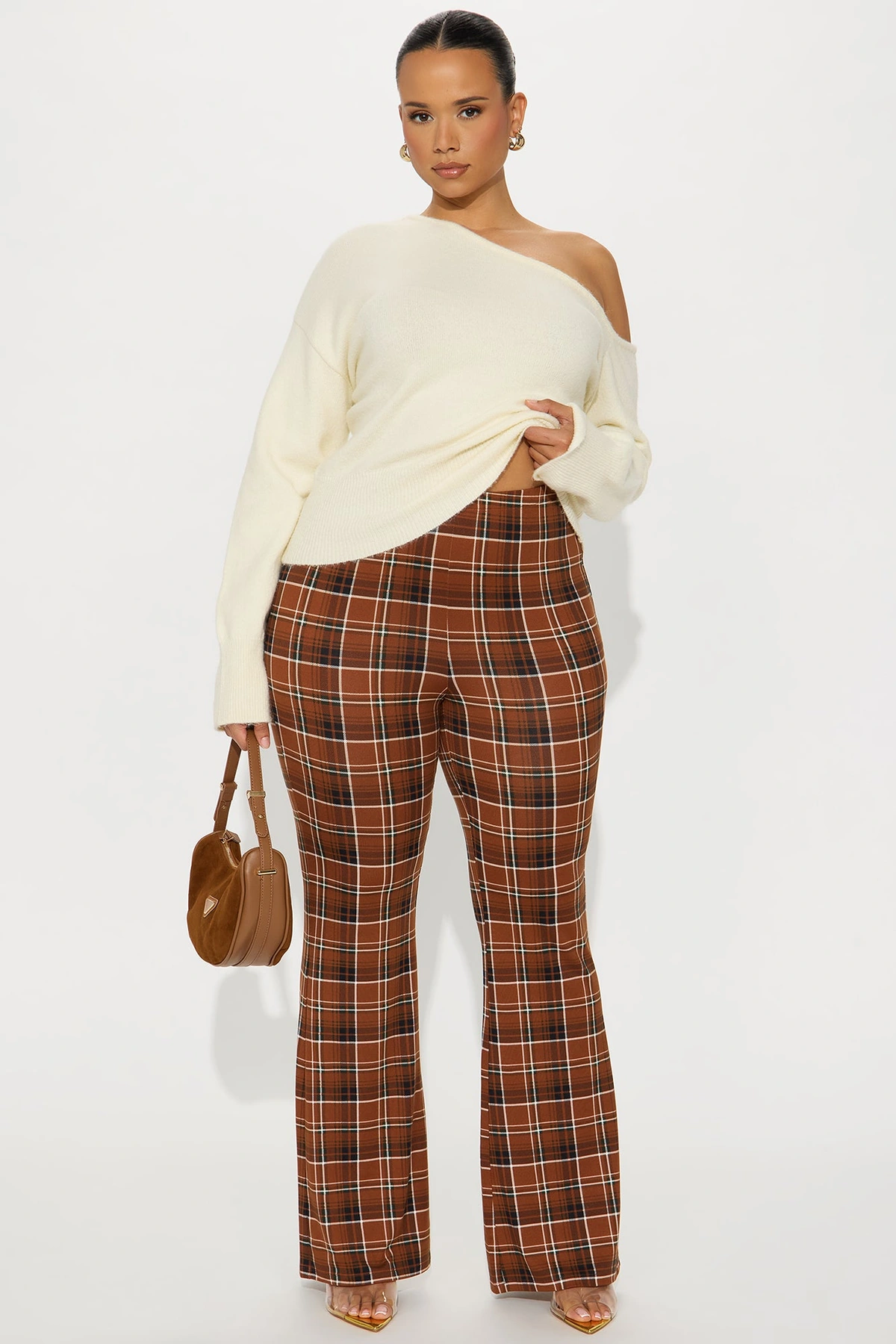 Anastasia Plaid Flare Pant - Brown/combo — Castanho/combinação