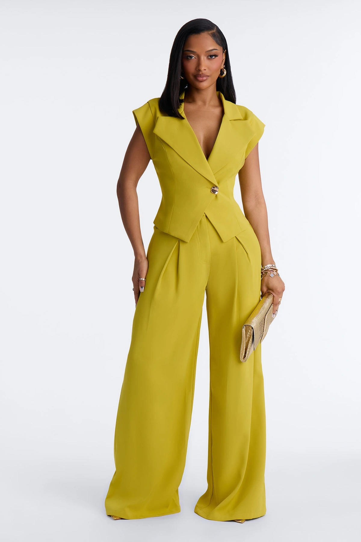 Feeling Polished Cinched Vest Pant Set - Chartreuse — Chartreuse