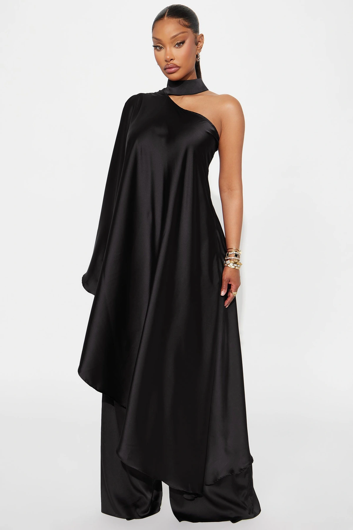 Solana Satin One Shoulder Draped Pant Set - Black — Preto
