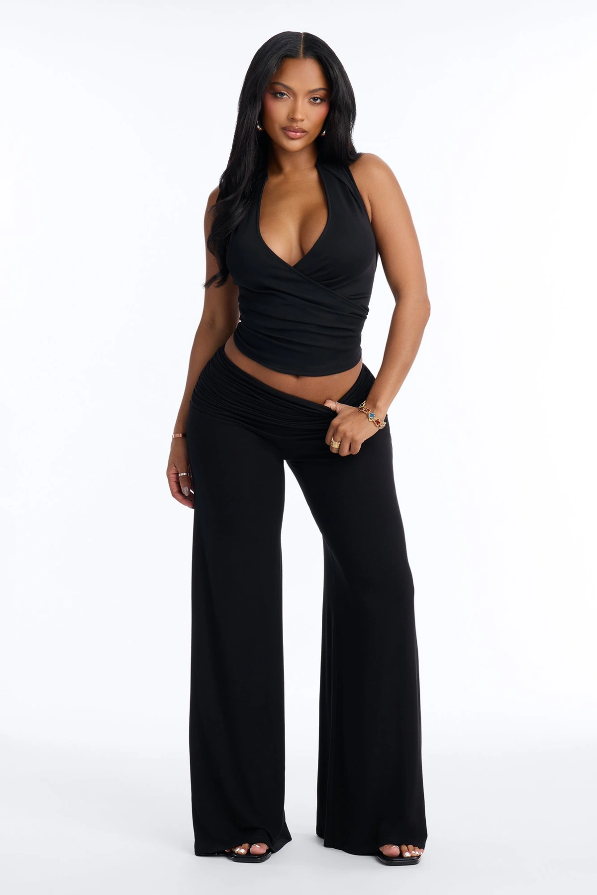 Raquelle Ruched Wide Leg Pant - Black — Preto