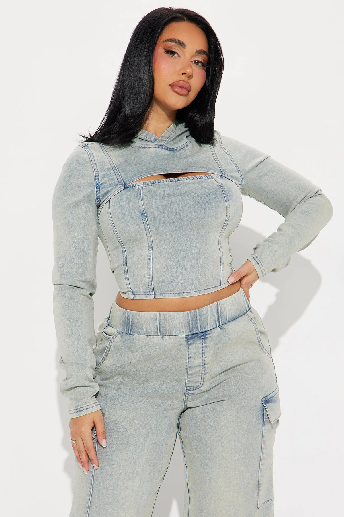 Leylah Denim Cargo Pant Set - Light Wash — Ganga de lavagem clara