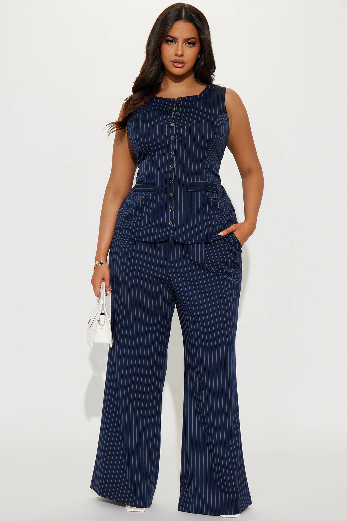 Stephanie Pinstripe Vest Pant Set - Navy — Azul-marinho