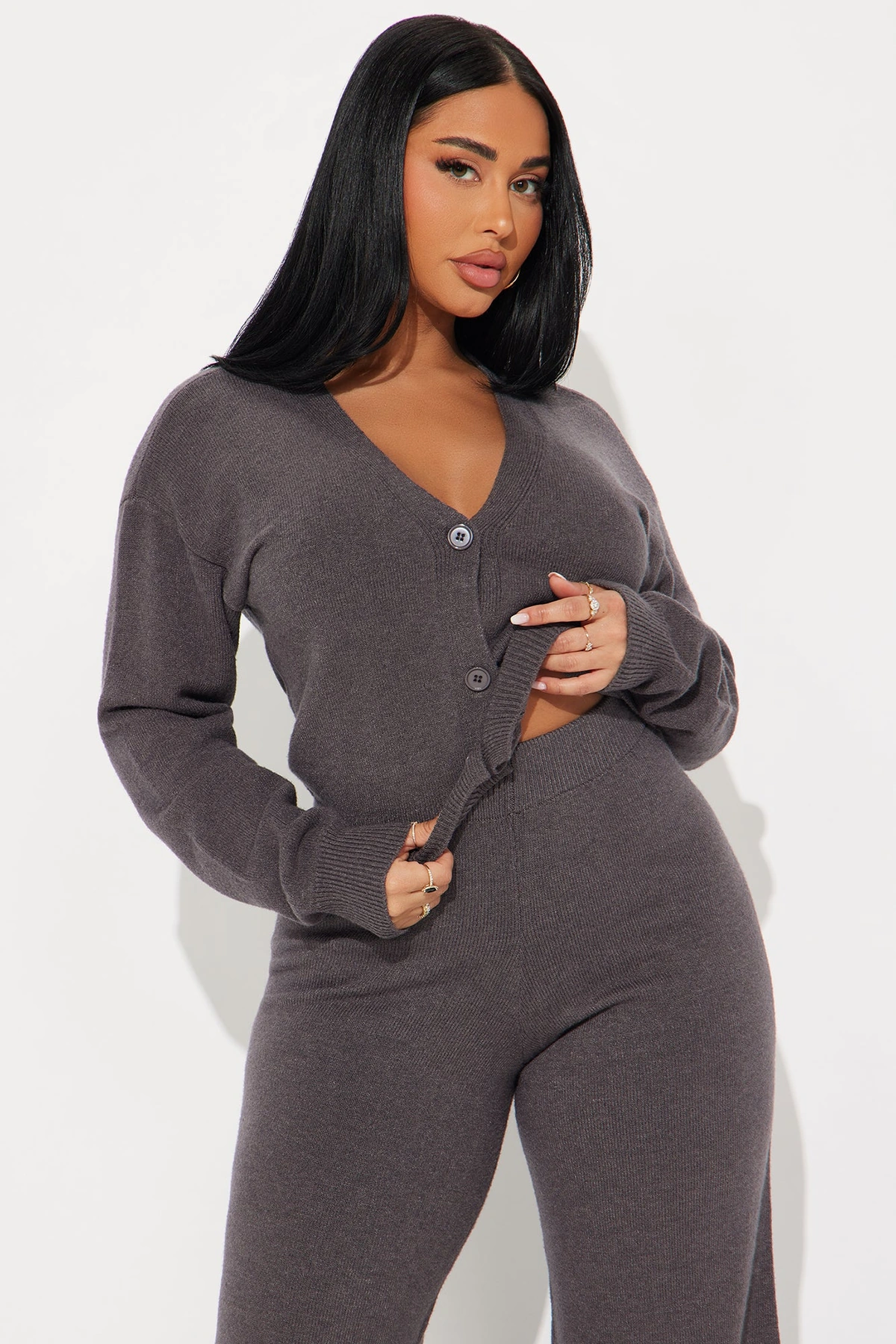 Without A Care Sweater Cardigan Pant Set - Charcoal — Cinzento-escuro