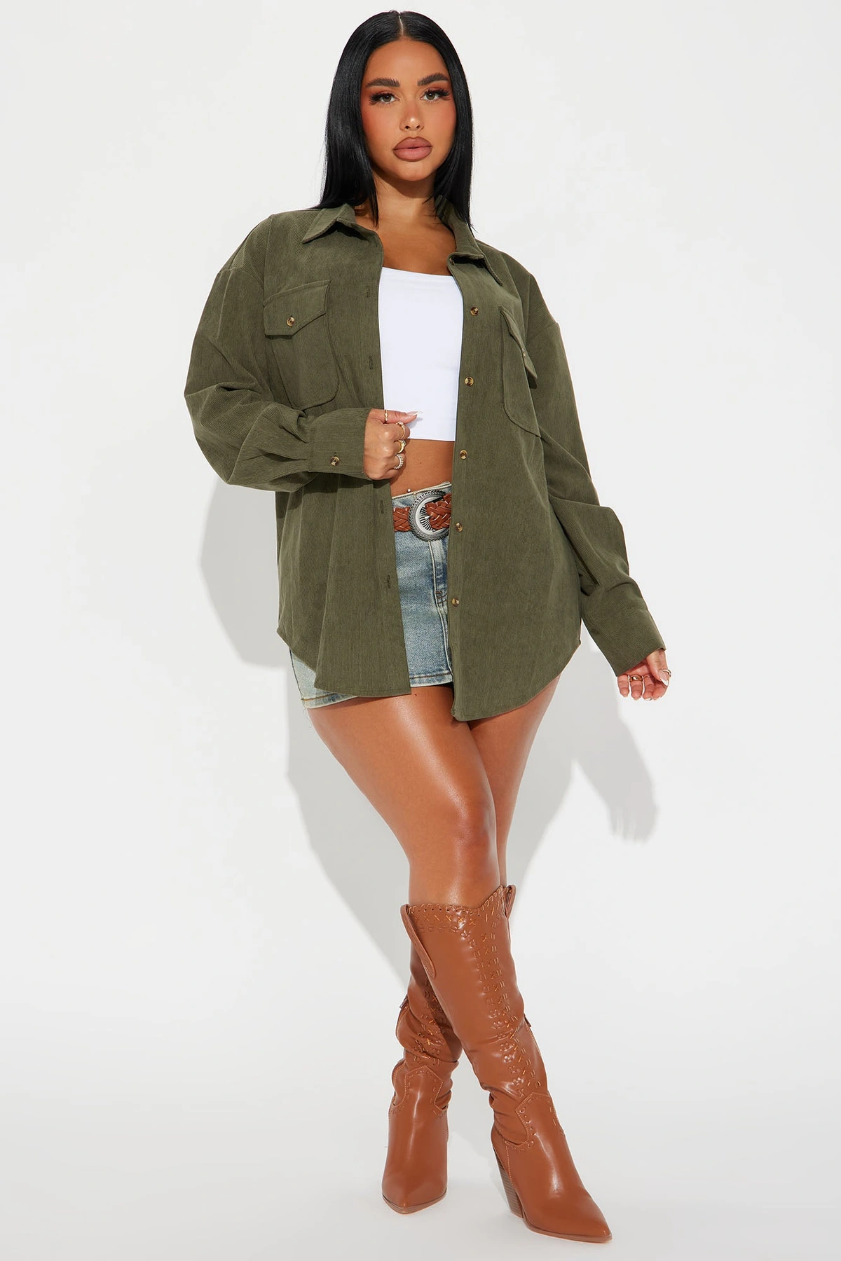 Fall Feeling Corduroy Shirt - Olive — Verde-azeitona
