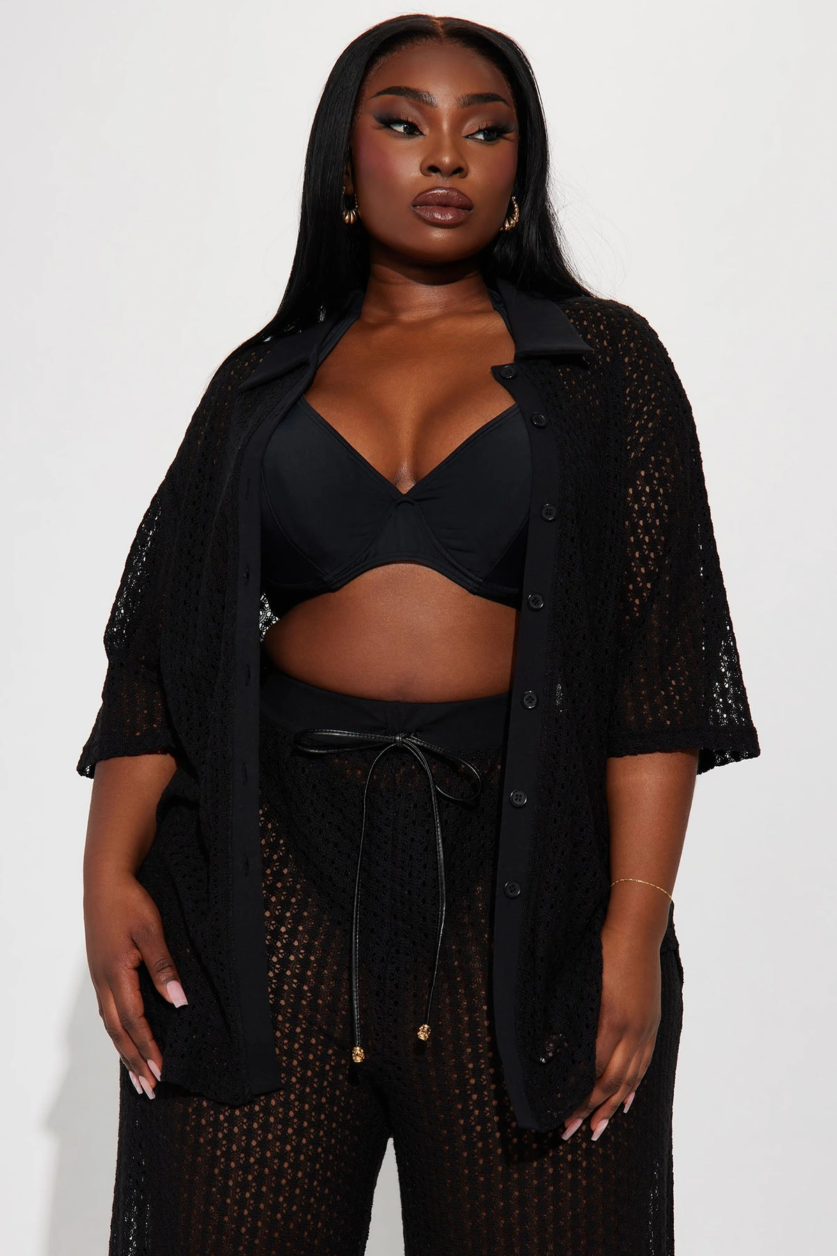 Abby Button Up Swim Cover Up Top - Black — Preto