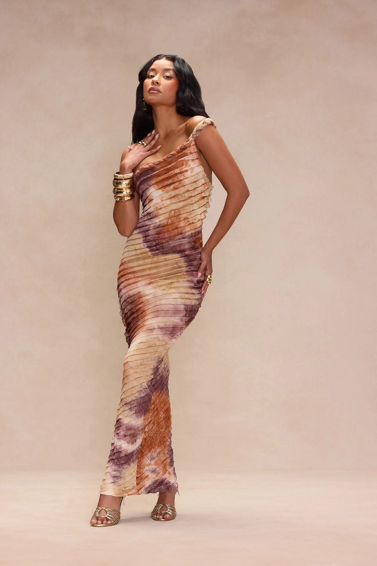 Maylee Textured Maxi Dress - Brown Combo — Castanho combinação