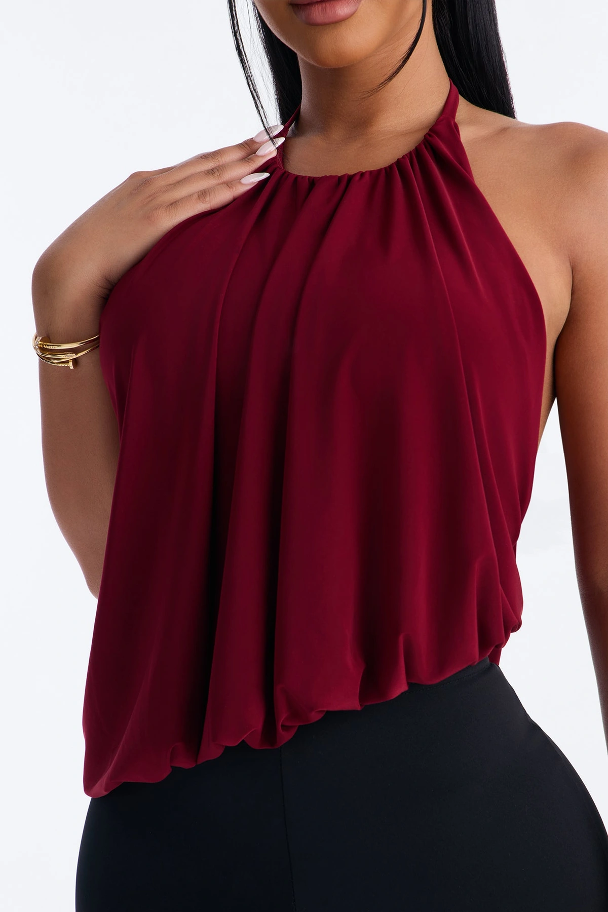 Selena Ruched Asymmetrical Halter Top - Wine — Vinho