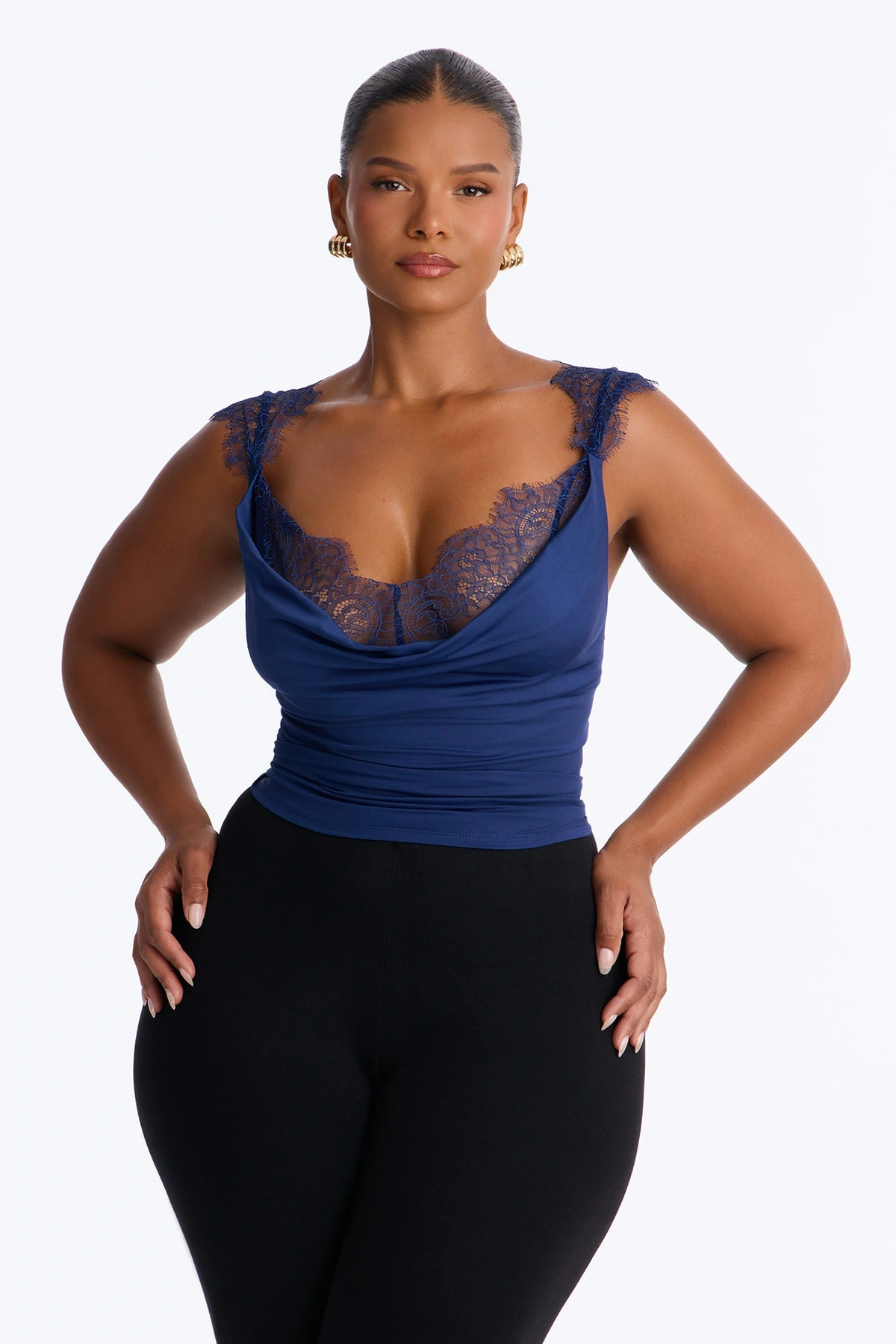 Janet Lace Trim Cowl Tank Top - Navy — Azul-marinho