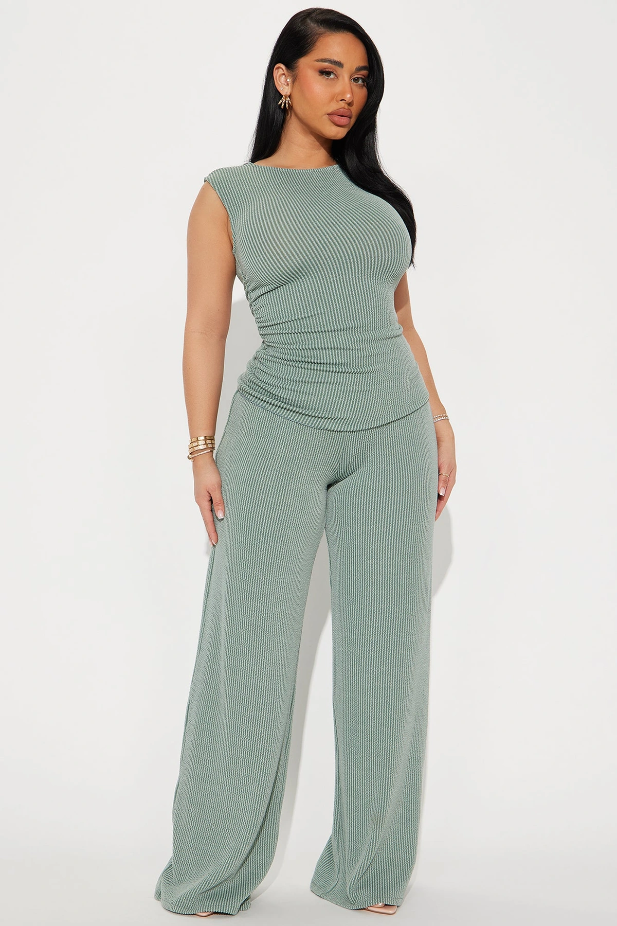 Amaya Ribbed Pant Set - Sage — Verde-sálvia