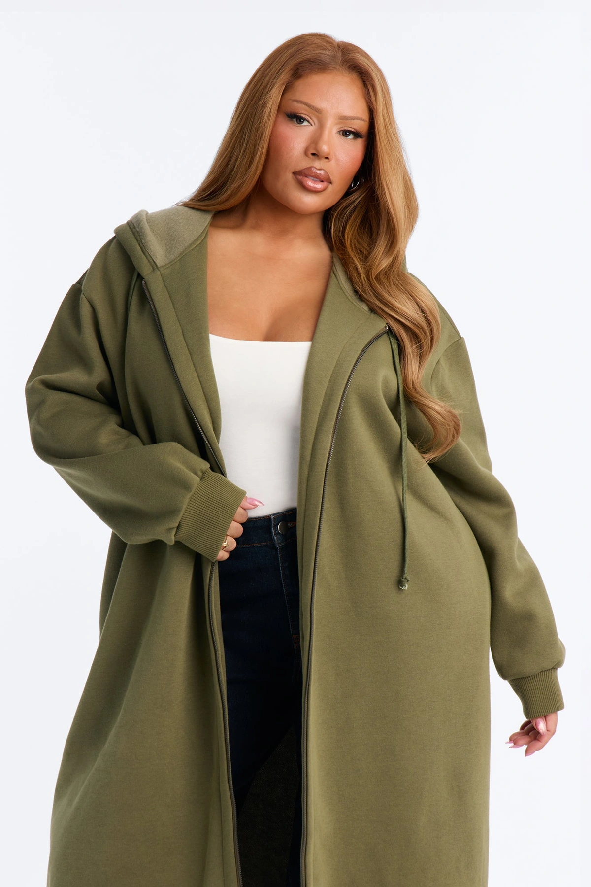 Sunday Lounge Fleece Hooded Long Jacket - Olive — Verde-azeitona