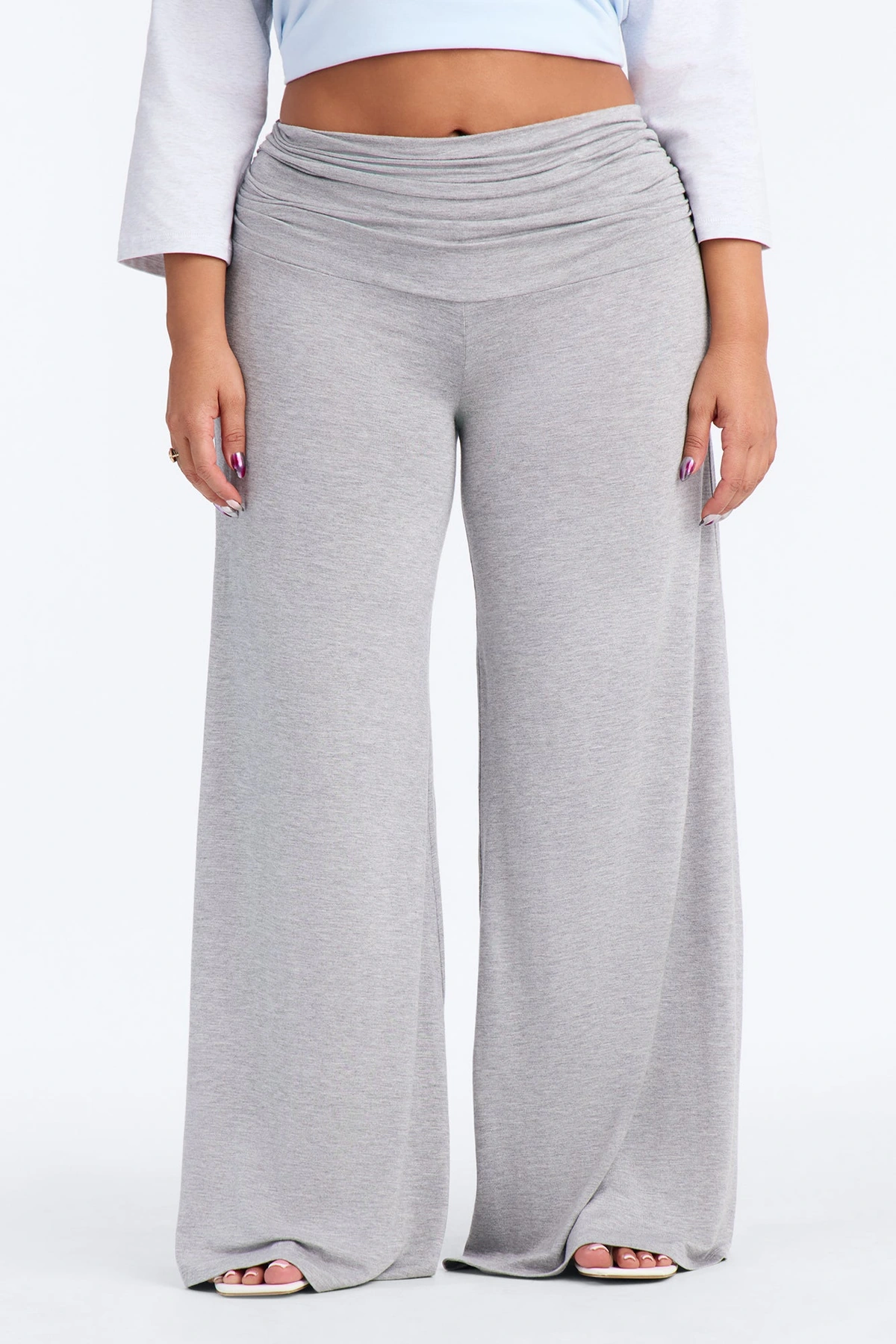 Raquelle Ruched Wide Leg Pant - Heather Grey — Cinzento mesclado