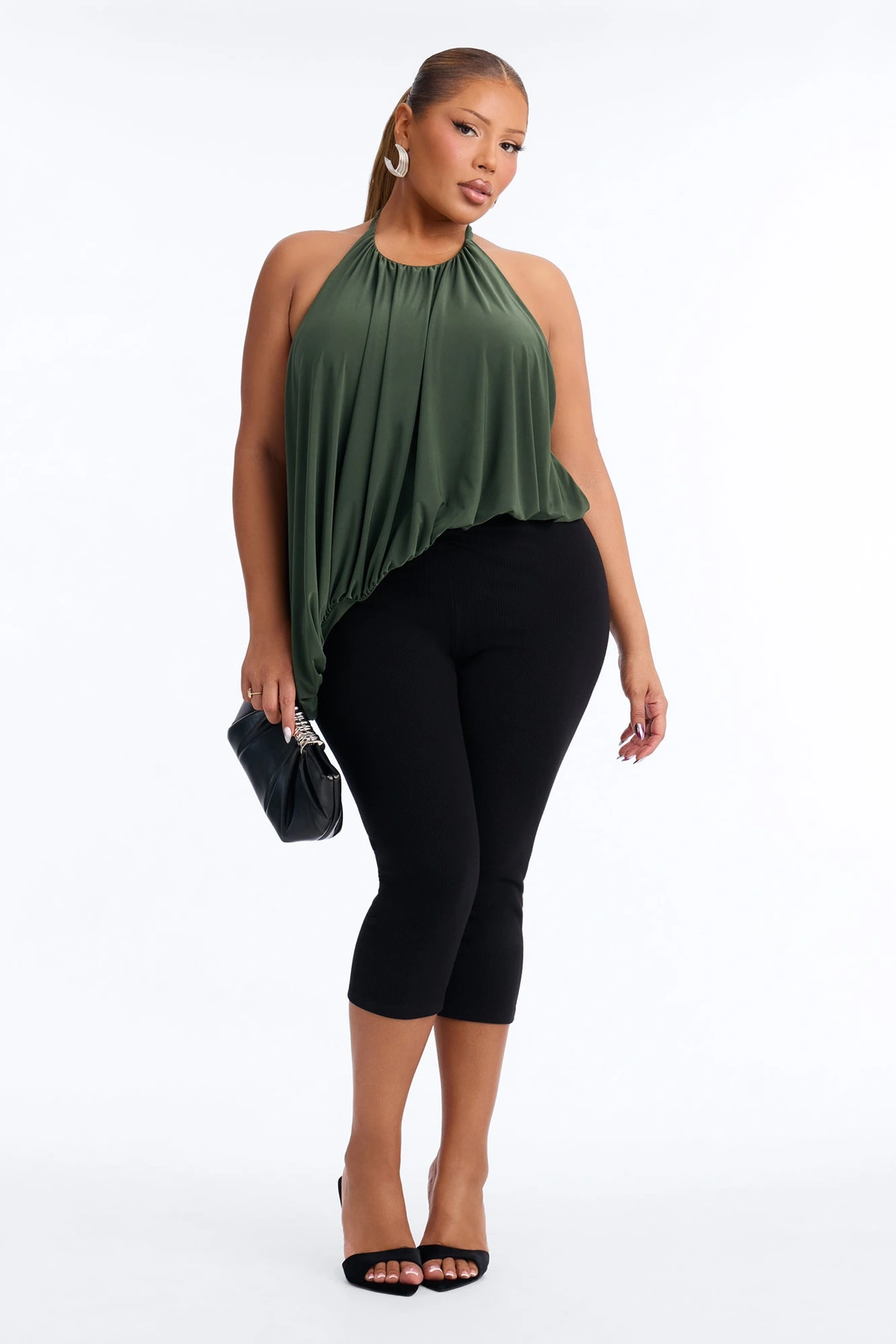 Selena Ruched Asymmetrical Halter Top - Olive — Verde-azeitona