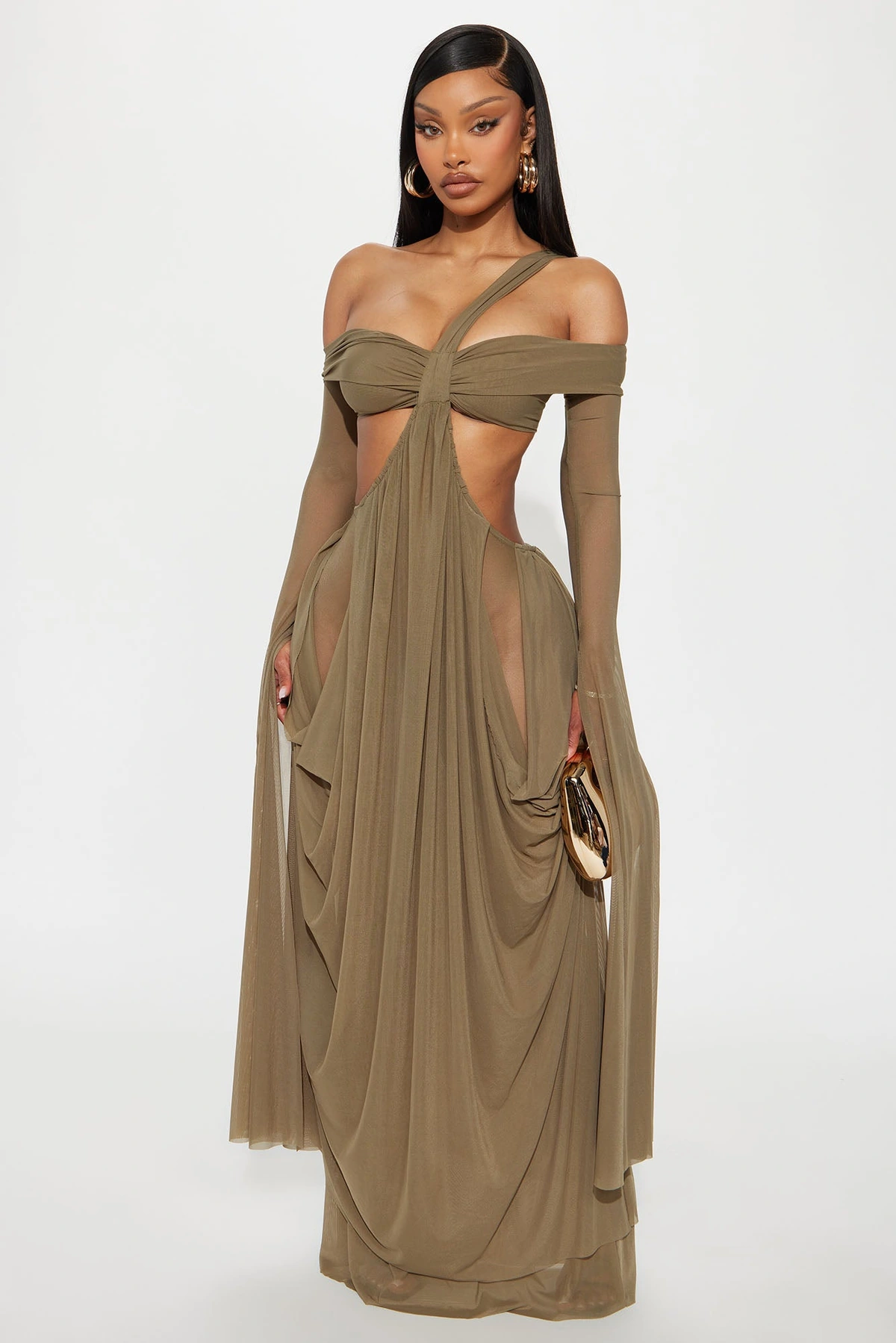 Alora Mesh Maxi Dress - Olive — Verde-azeitona