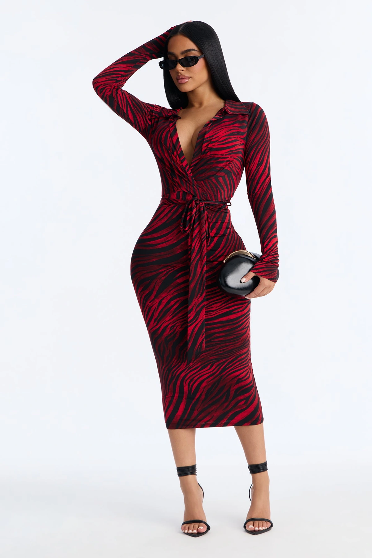 Raelyn Animal Print Midi Dress - Black/Red — Preto/Vermelho