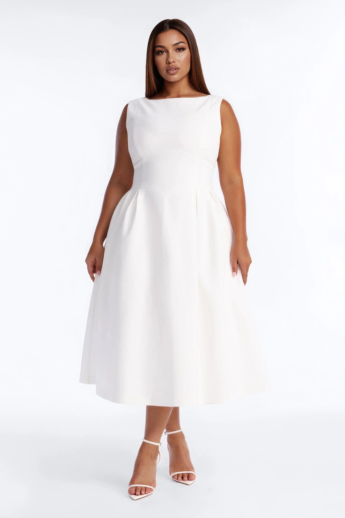 Anika Pleated Midi Dress - White — Branco