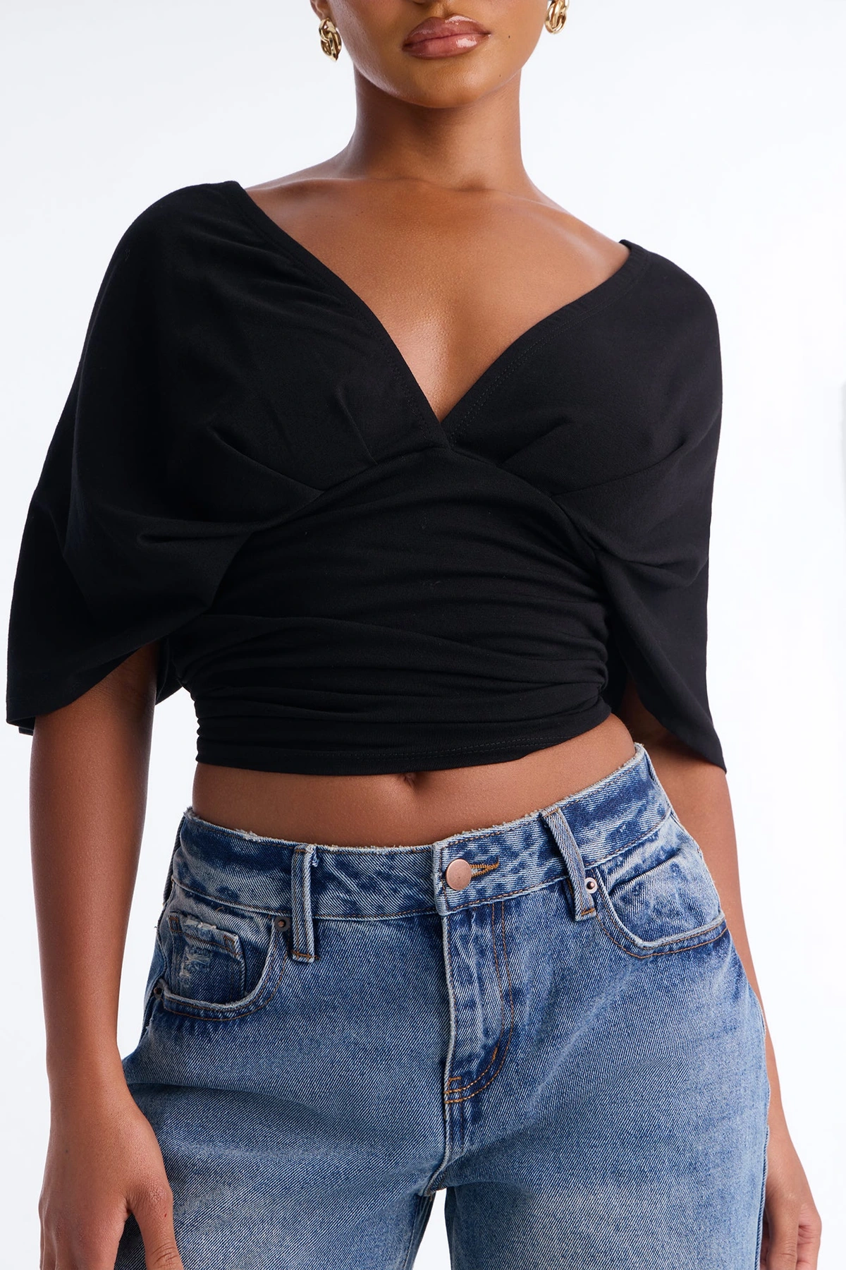 Taylor Cinched Waist Ruched Short Sleeve Top - Black — Preto