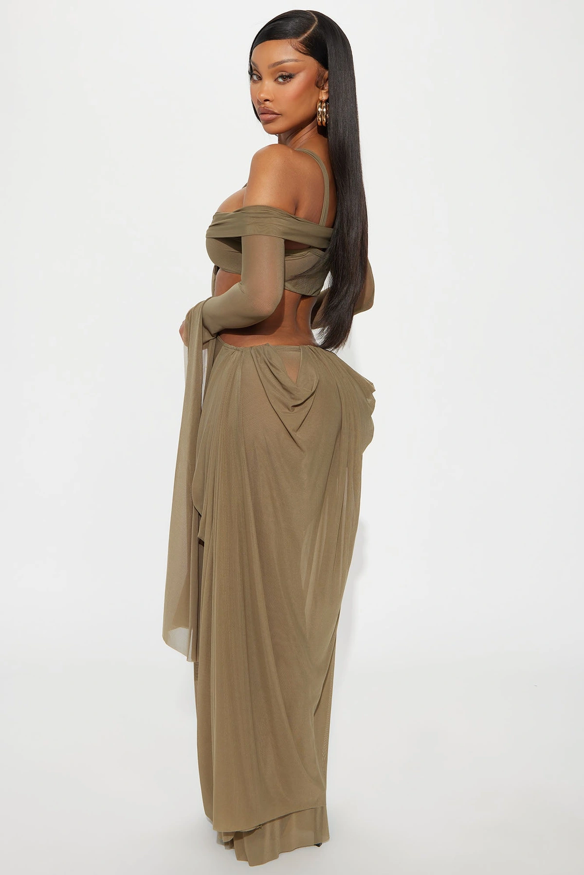 Alora Mesh Maxi Dress - Olive — Verde-azeitona