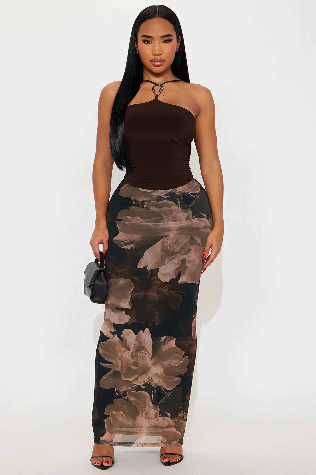 Midnight Bloom Mesh Maxi Skirt - Brown/combo — Castanho/combinação