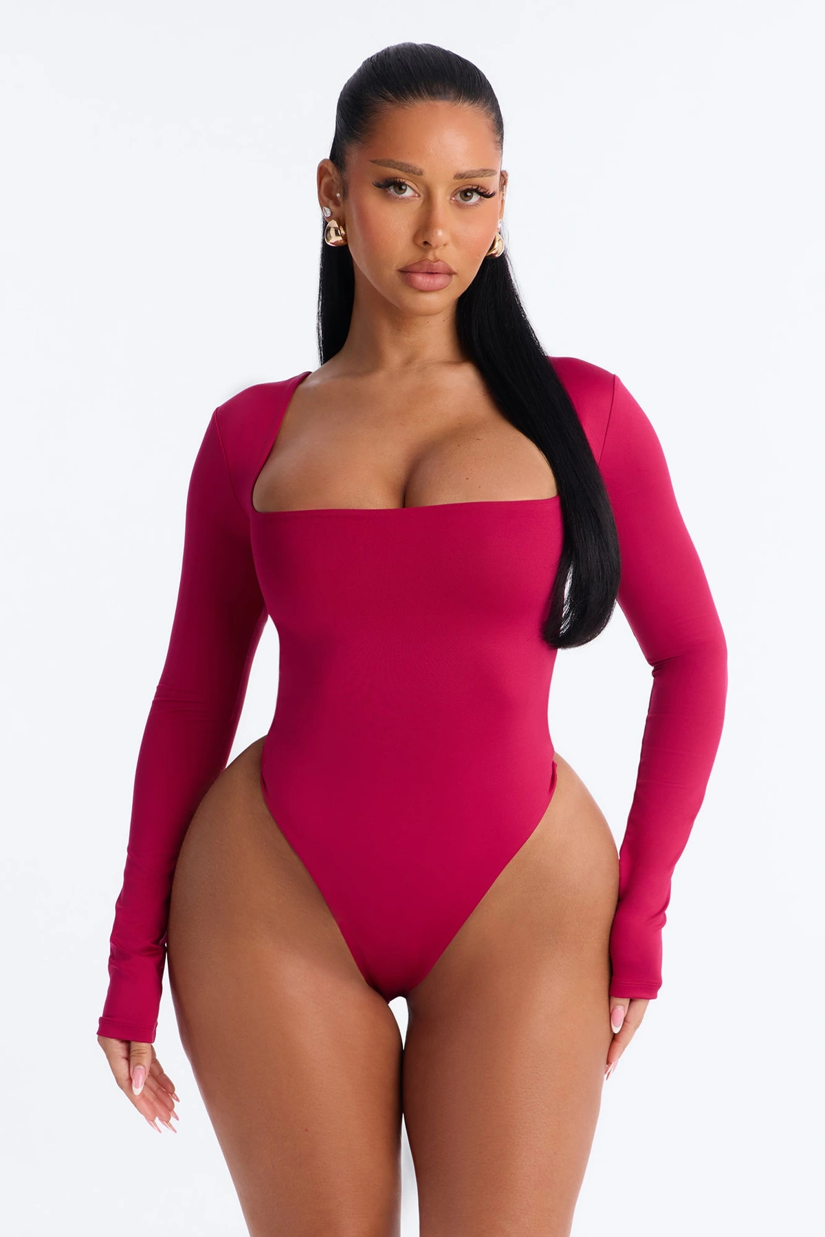 Contour Double Lined Long Sleeve Square Neck Bodysuit - Raspberry — Raspberry
