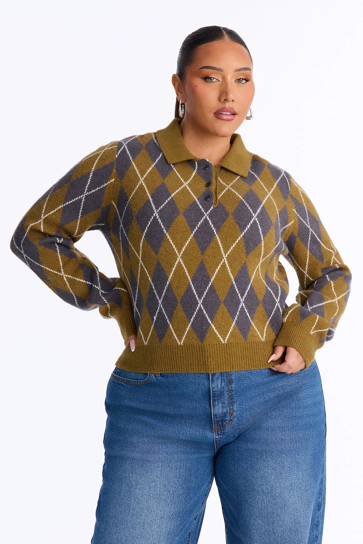 Steady Flow Argyle Polo Sweater - Olive/combo — Verde-azeitona/combinação