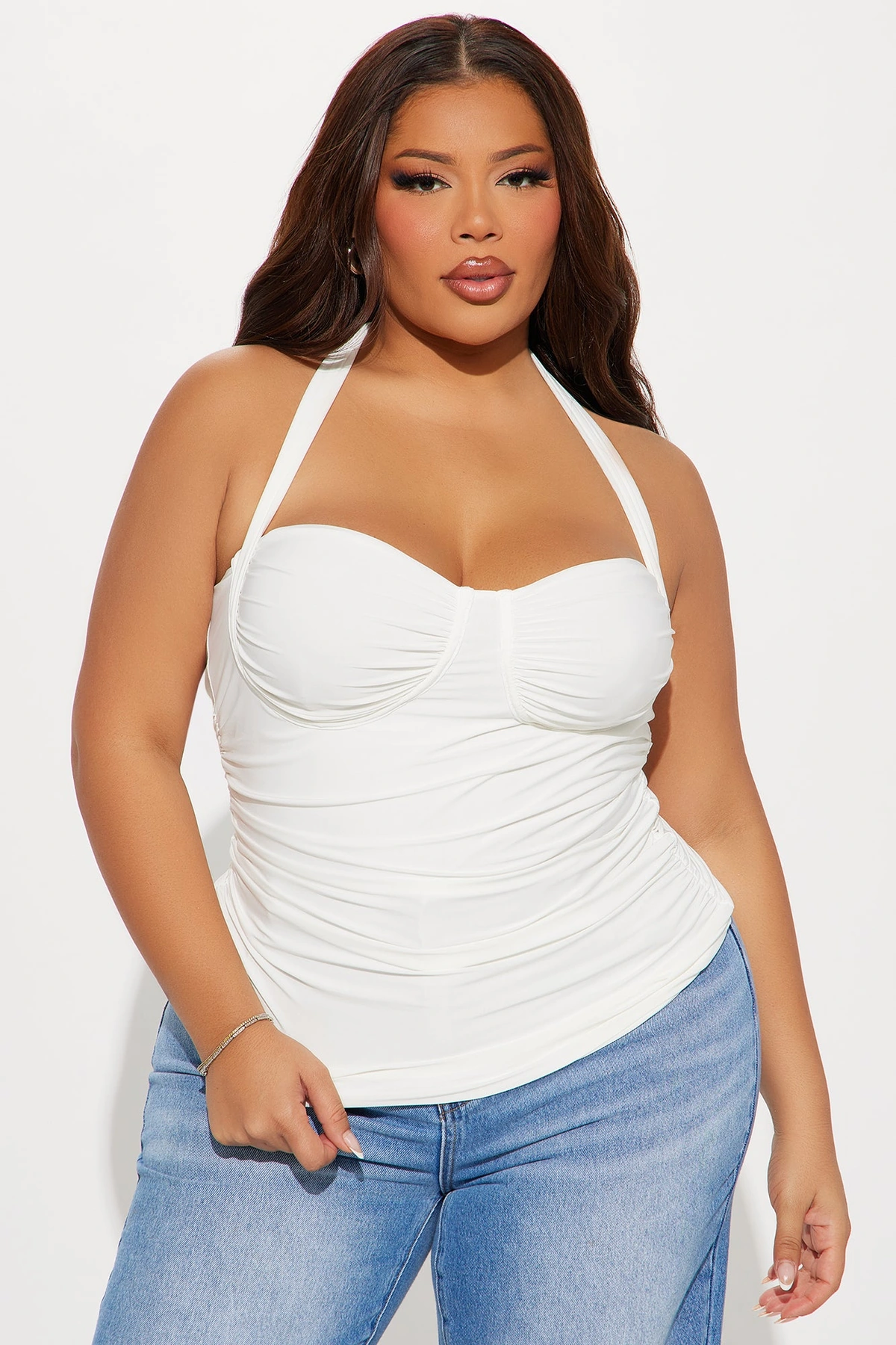 Just A Feeling Ruched Halter Top - White — Branco