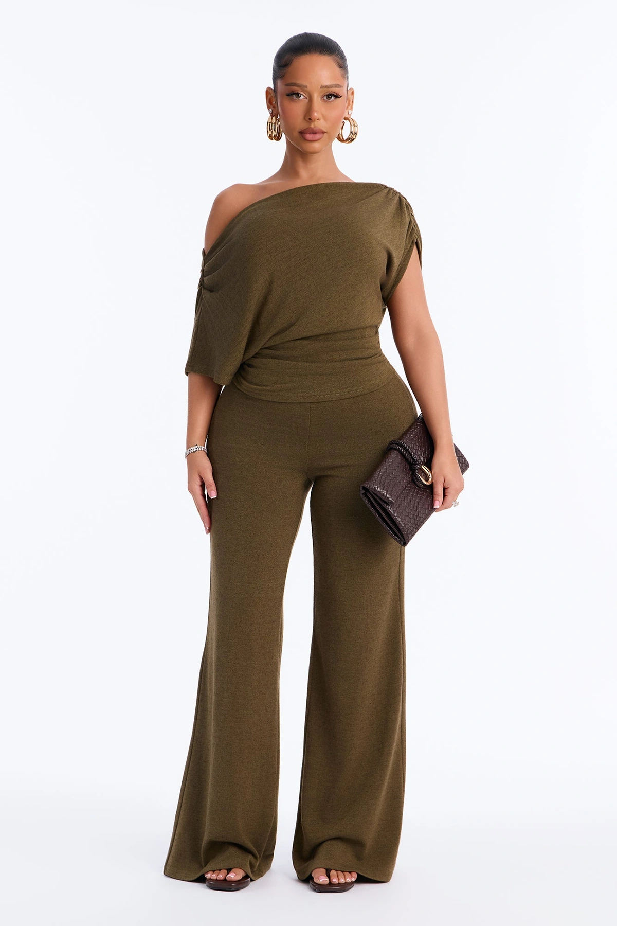 Mariana Knit Off Shoulder Pant Set - Olive — Verde-azeitona