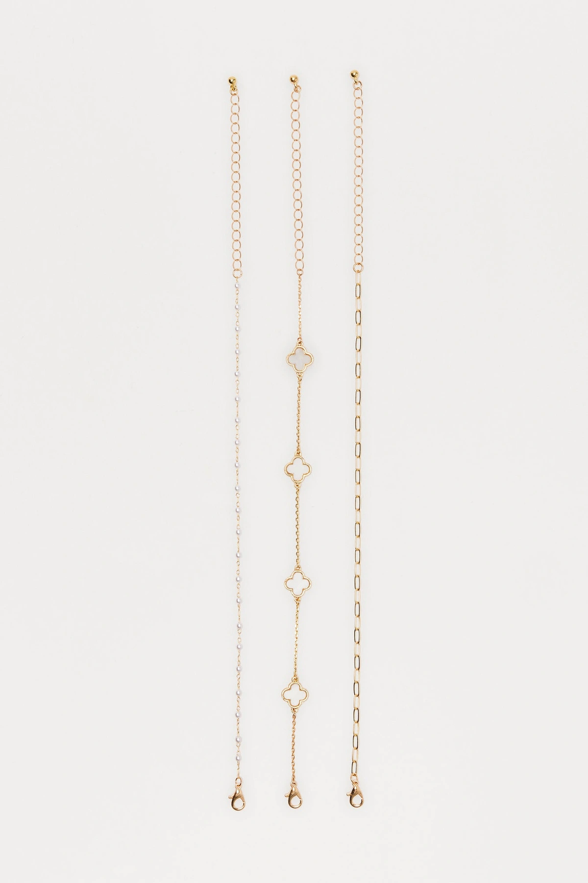 Clovers And Pearls 3 Piece Anklet Set - Gold — Dourado