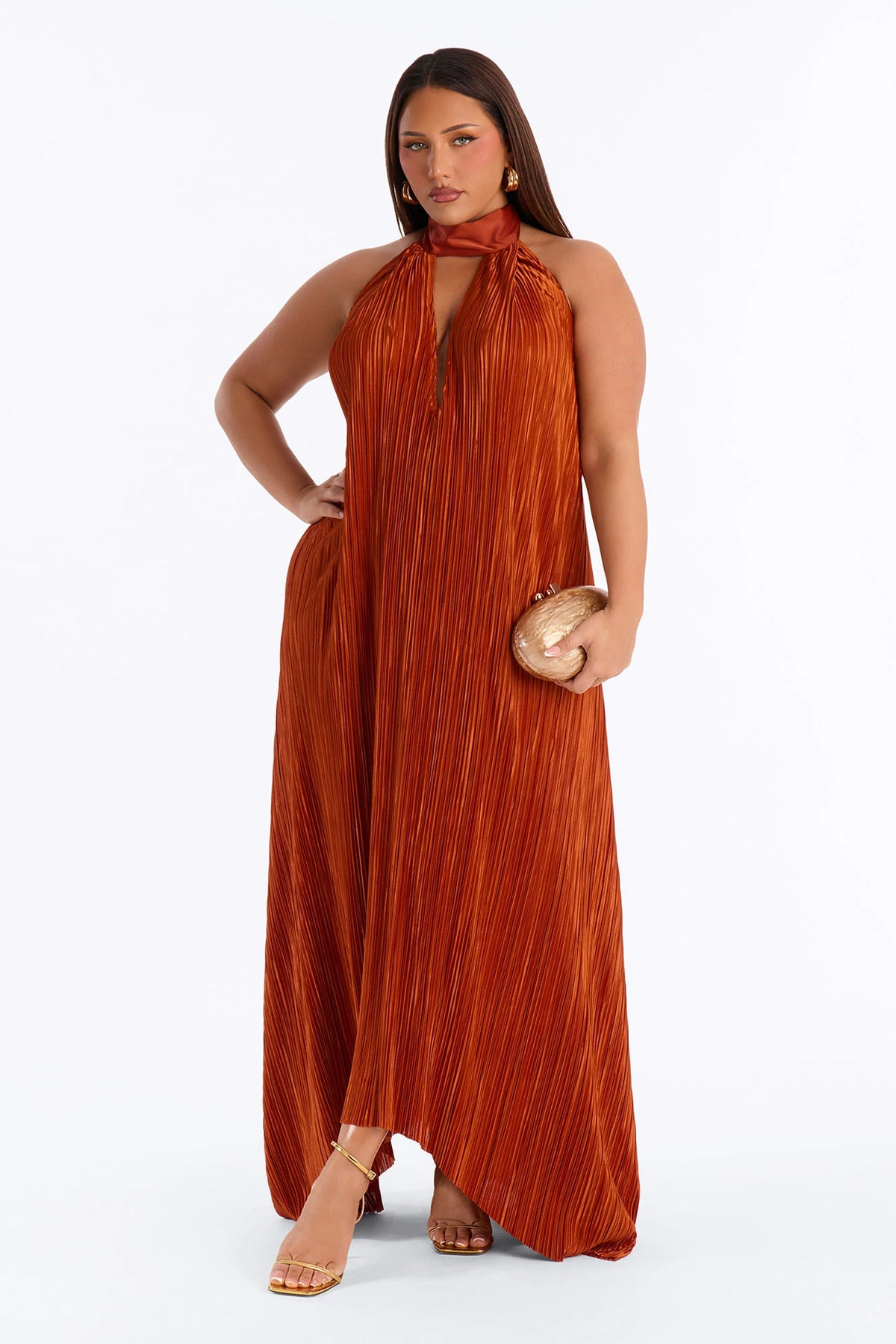 Can't Reach Me Plisse Maxi Dress - Rust — Ferrugem