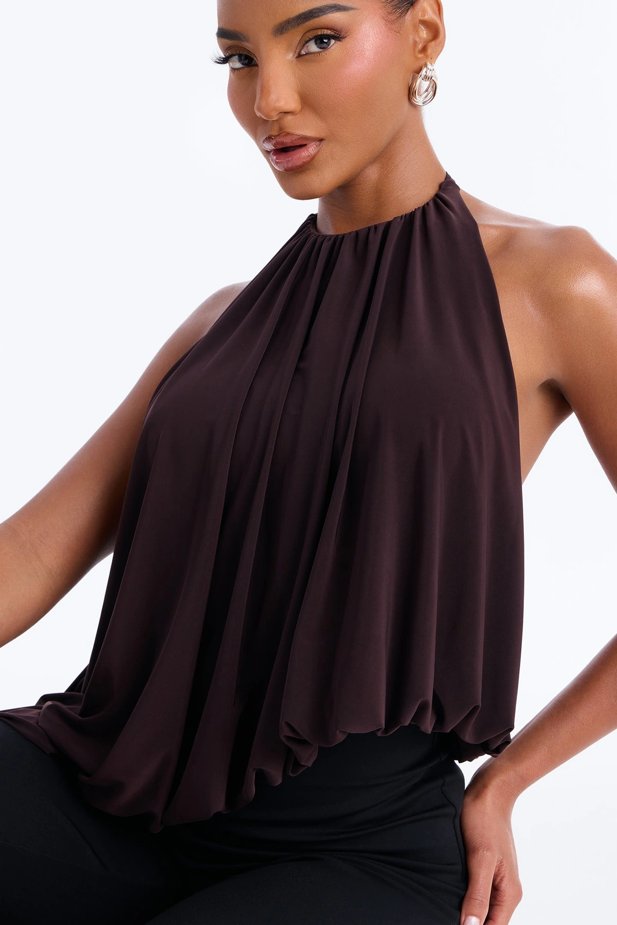 Selena Ruched Asymmetrical Halter Top - Brown — Castanho