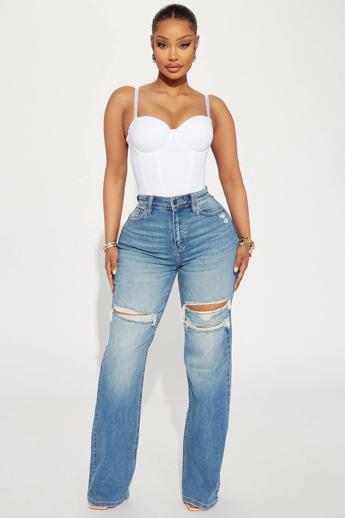 Remi Ripped Stretch Baggy Jeans - Medium Wash — Ganga de lavagem média