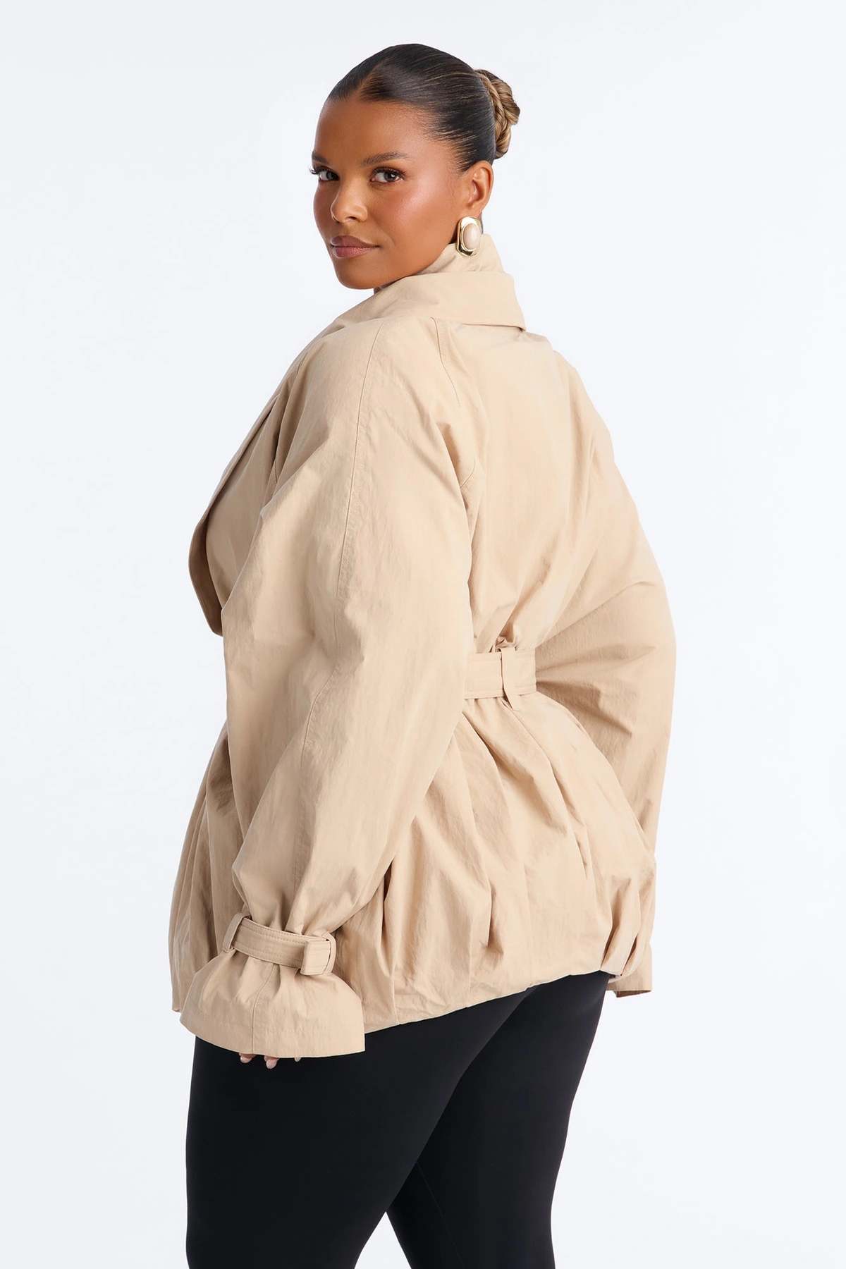 Caitlyn Gathered Belted Shawl Collar Twill Coat - Khaki — Caqui
