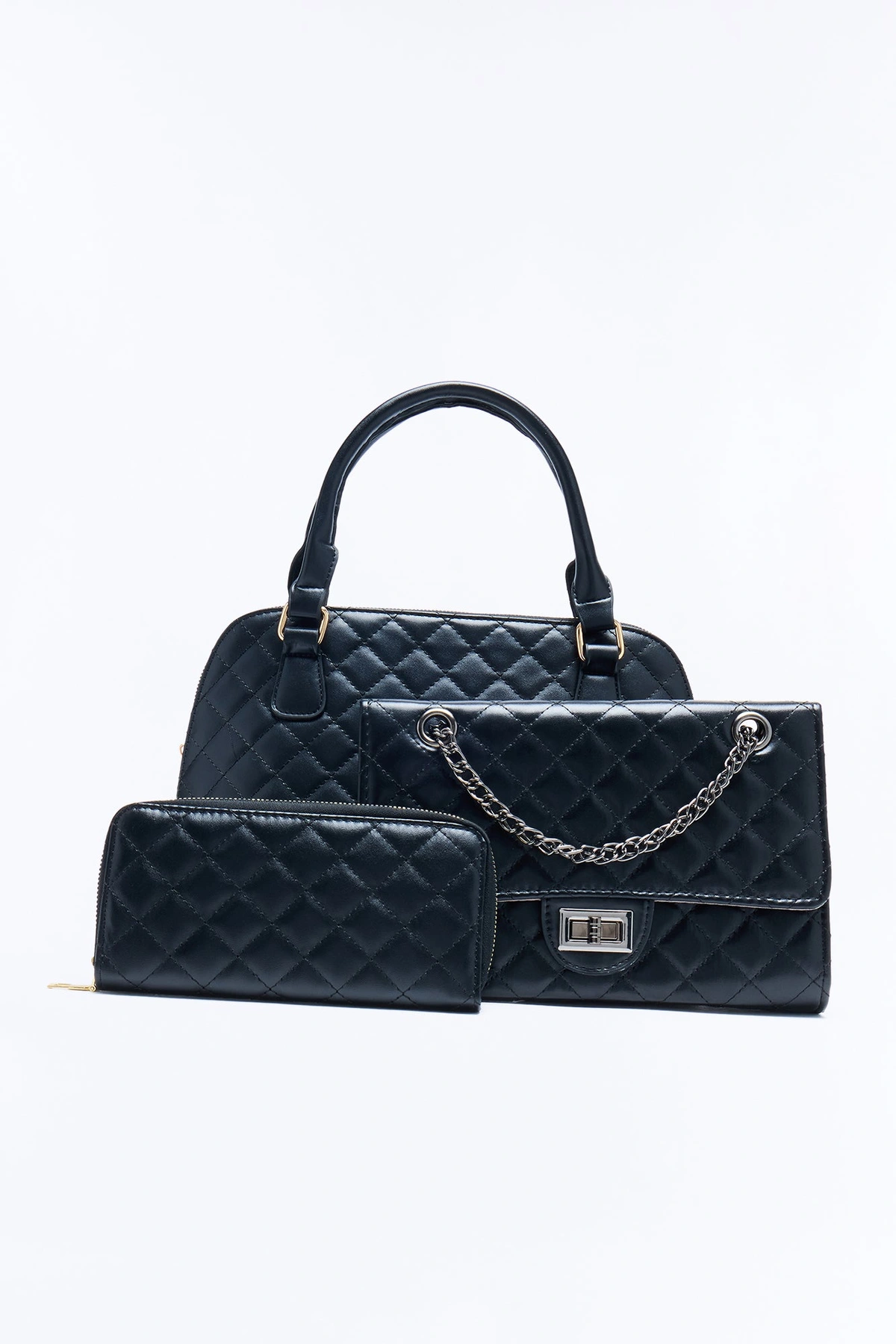 All In The Bag Faux Leather 3 Piece Satchel Handbag Set - Black — Preto