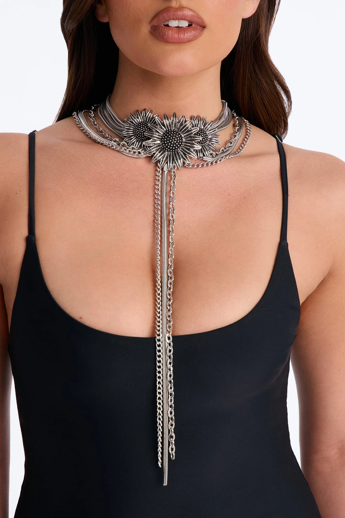Meadow Sunflower Lariat Layered Neckalce - Silver — Prateado