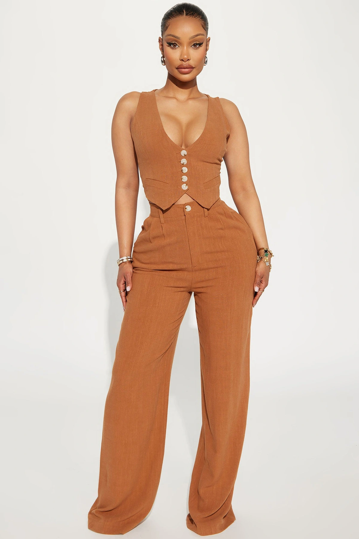 Act Right Linen Pant Set - Cognac — Cognac
