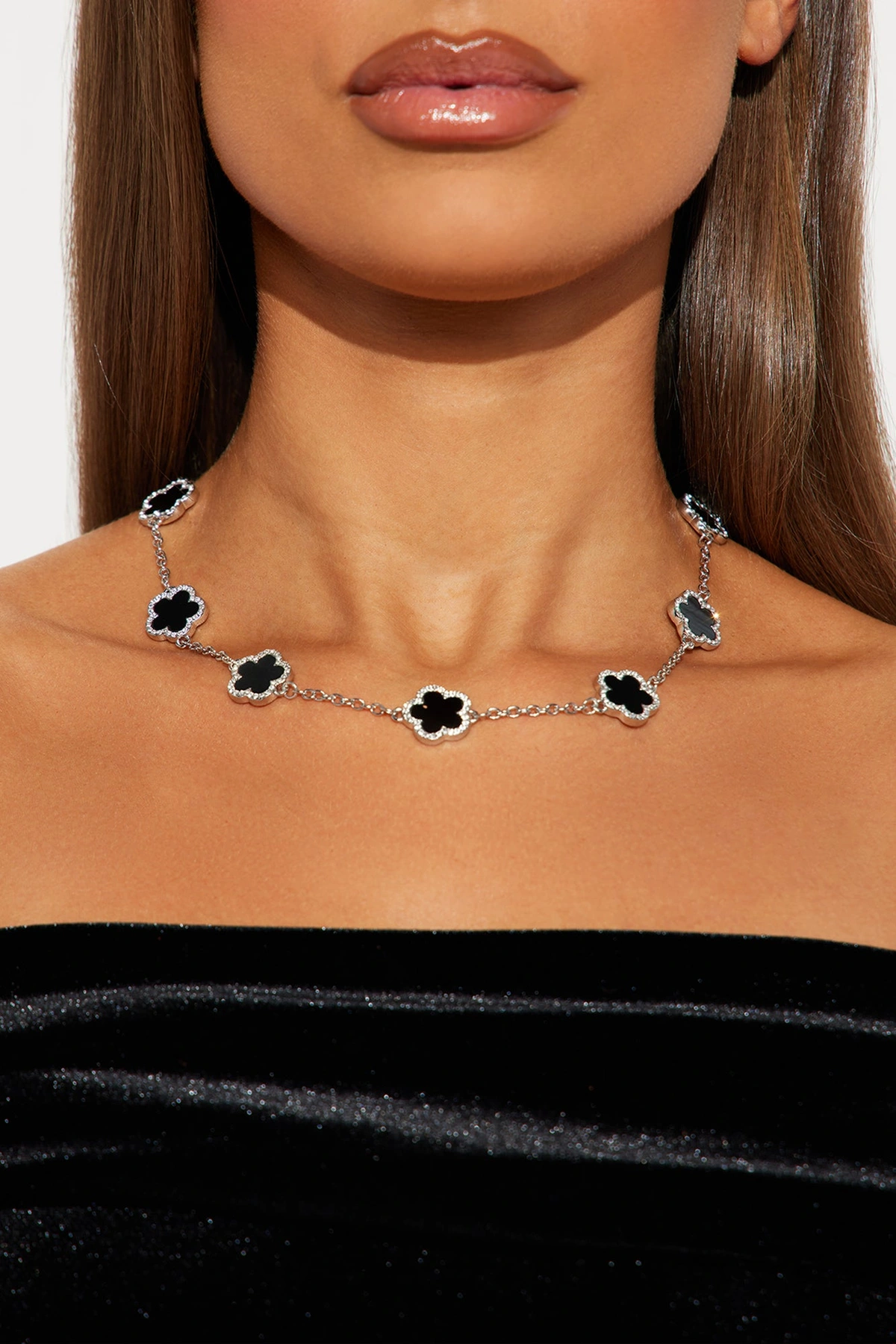 Clover Bae Chain Necklace - Silver/Black — Prateado/Preto