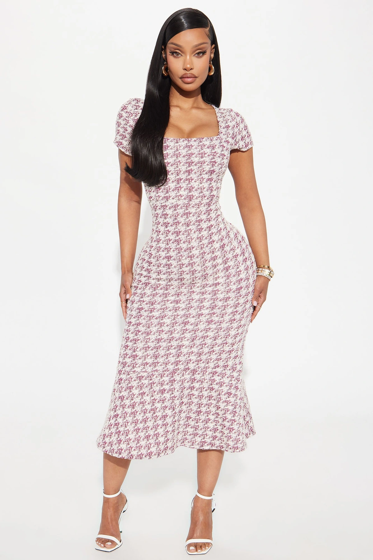Margot Stretch Tweed Midi Dress - Burgundy/combo — Bordô/combinação