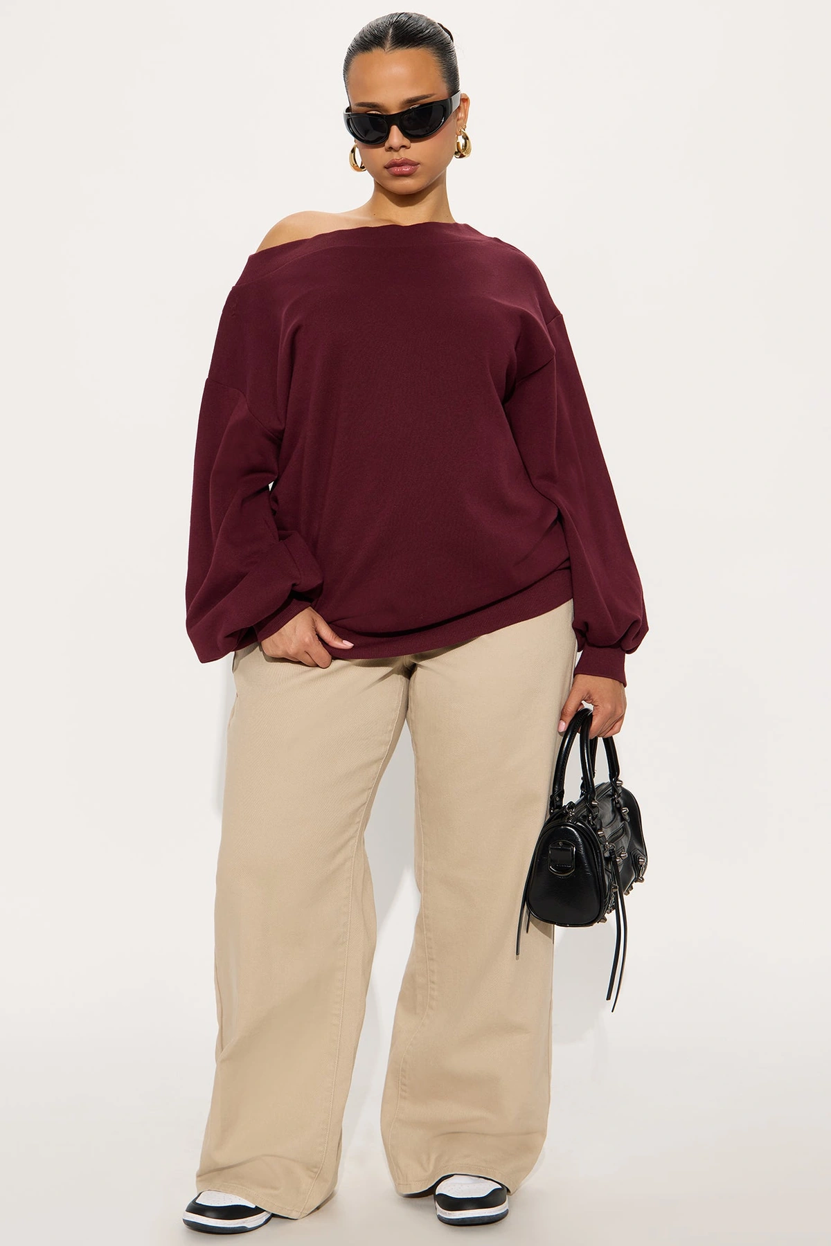 Vera Off Shoulder Oversized Sweatshirt - Burgundy — Bordô
