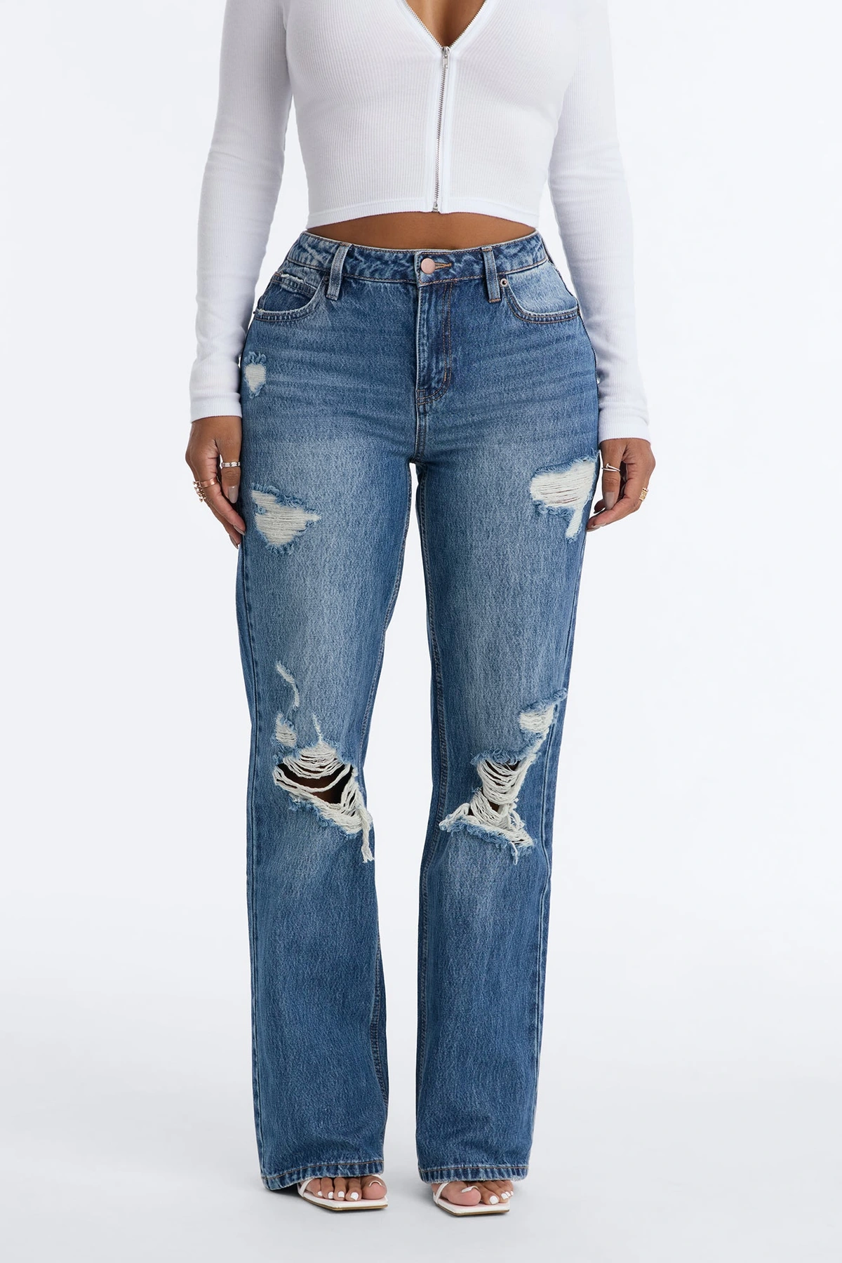 Unbothered Queen Ripped Straight Leg Jeans - Dark Wash — Ganga de lavagem escura