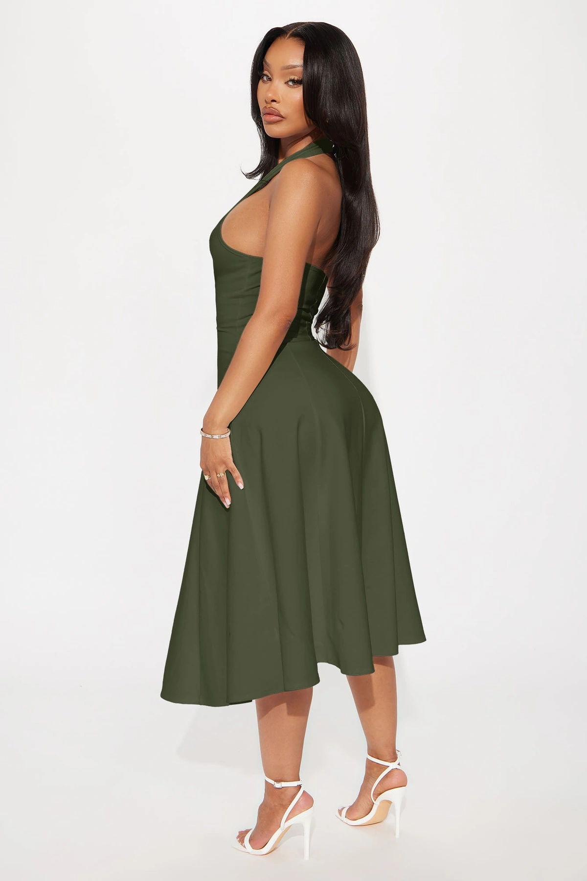 Mabel Ponte Midi Dress - Olive — Verde-azeitona