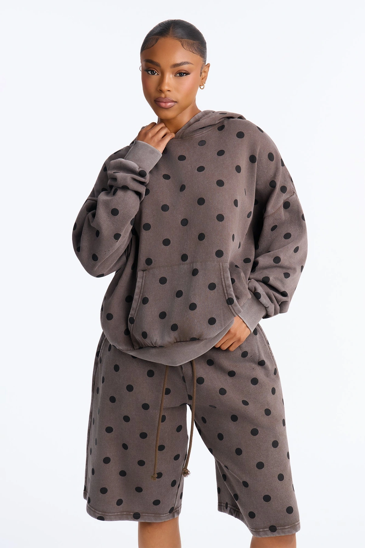 Taylor Polka Dot Washed Fleece Jort Set - Brown — Castanho