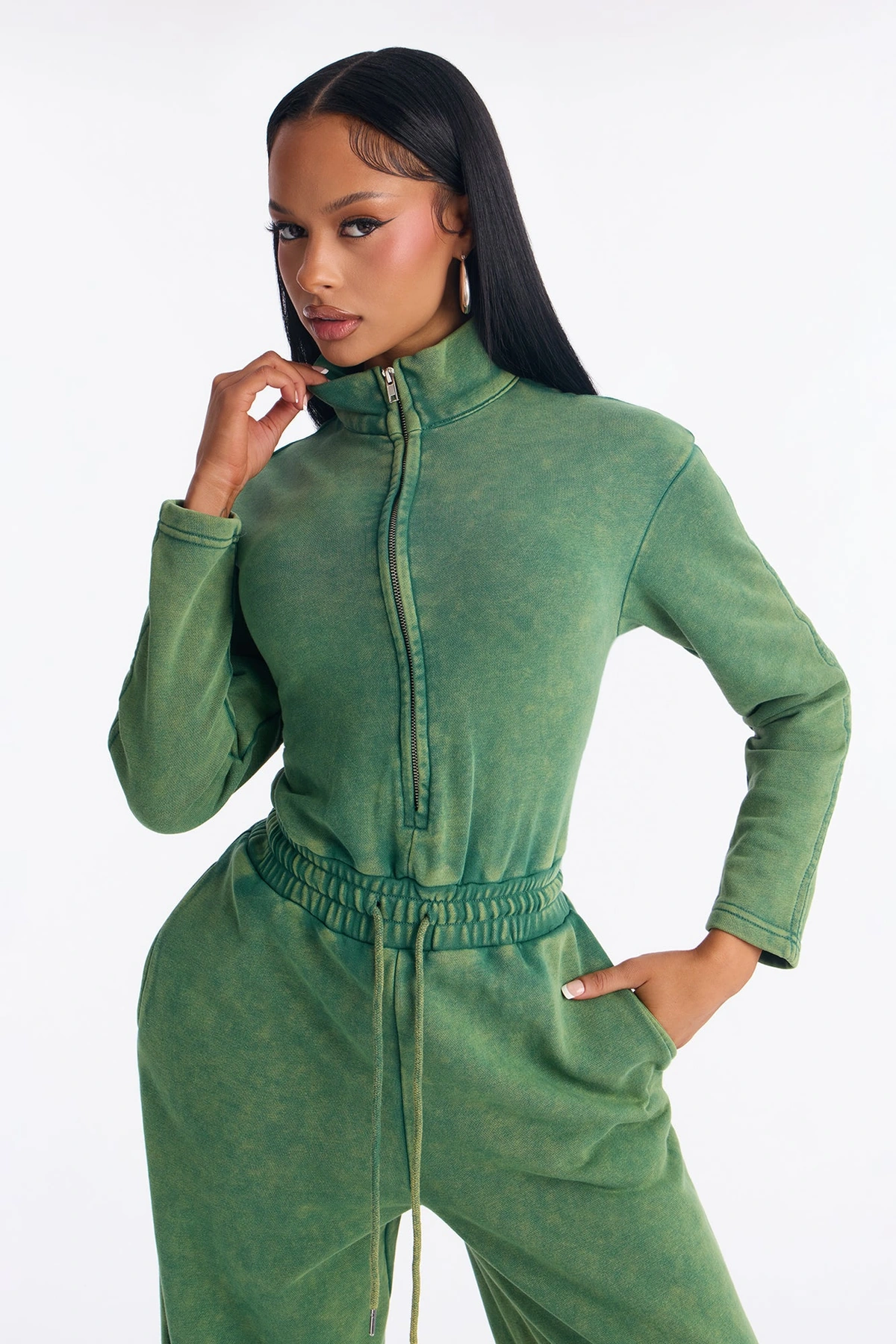 Busy Schedule Washed French Terry Jumpsuit - Hunter — Verde-escuro