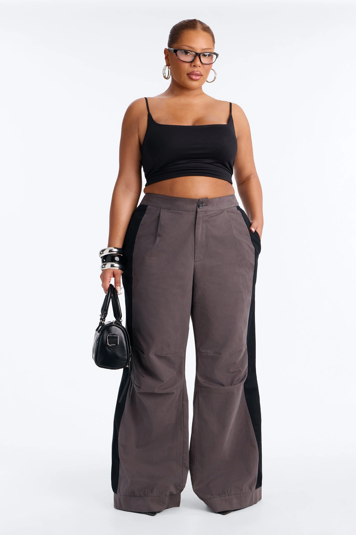 Zuri Mid Rise Colorblock Wide Leg Pant 32″ - Charcoal/combo — Cinzento-escuro/combinação