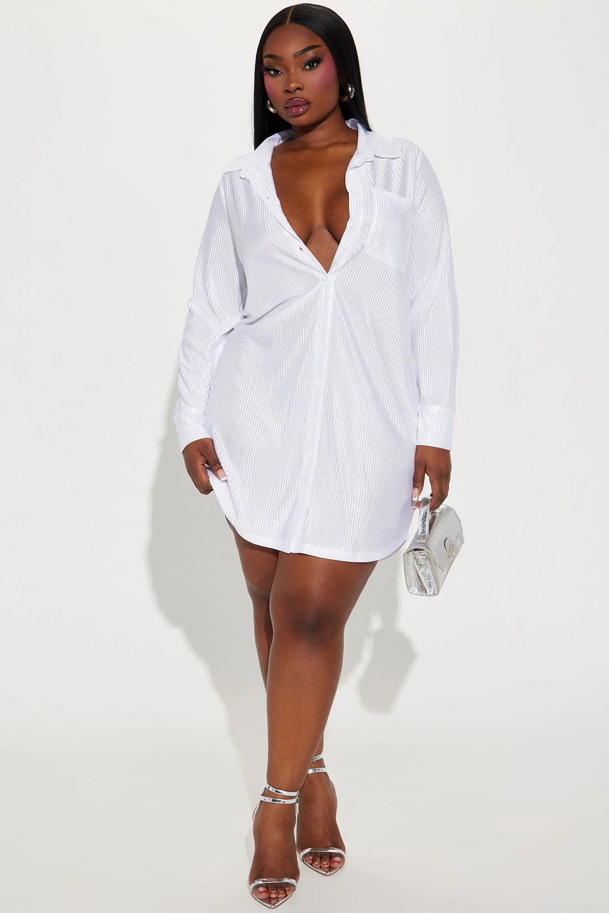 Lisa Plisse Shirt Dress - White — Branco