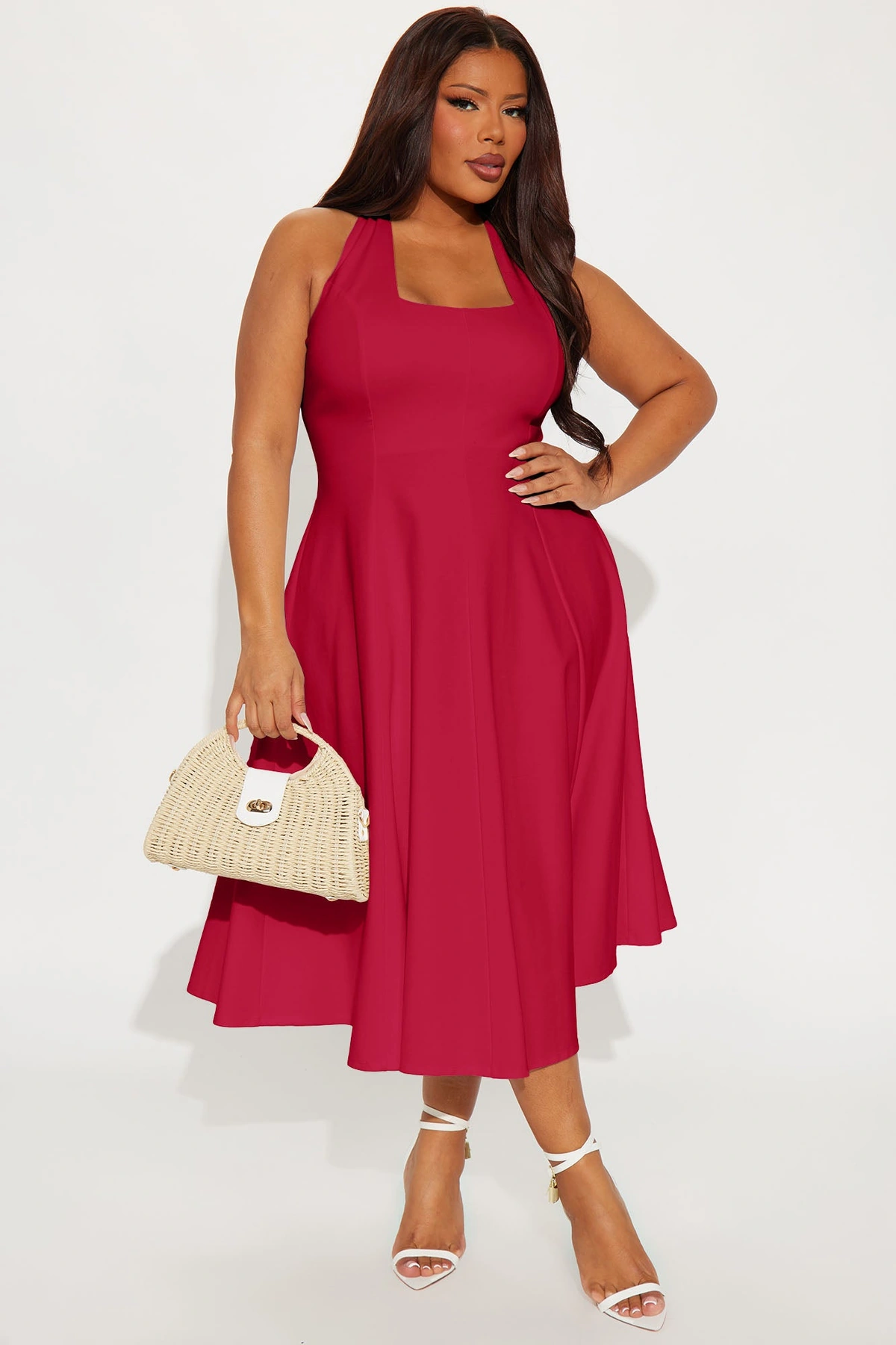 Mabel Ponte Midi Dress - Red — Vermelho