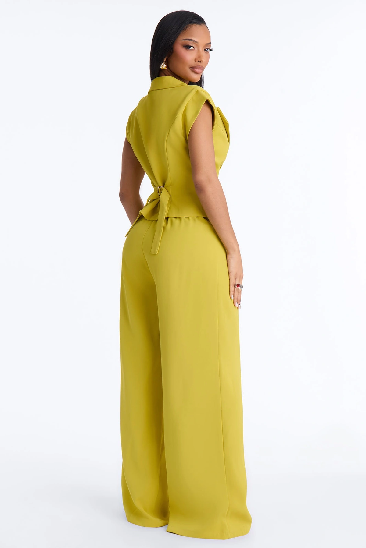 Feeling Polished Cinched Vest Pant Set - Chartreuse — Chartreuse