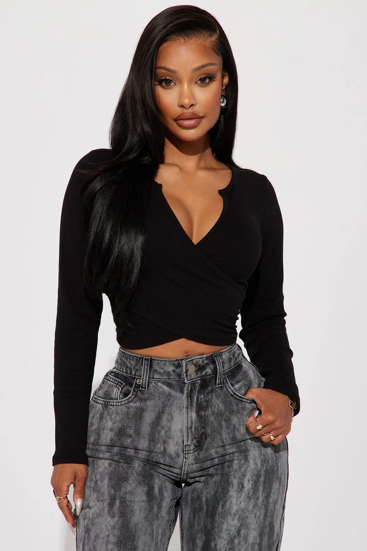 Katrina Long Sleeve Crop Top - Black — Preto