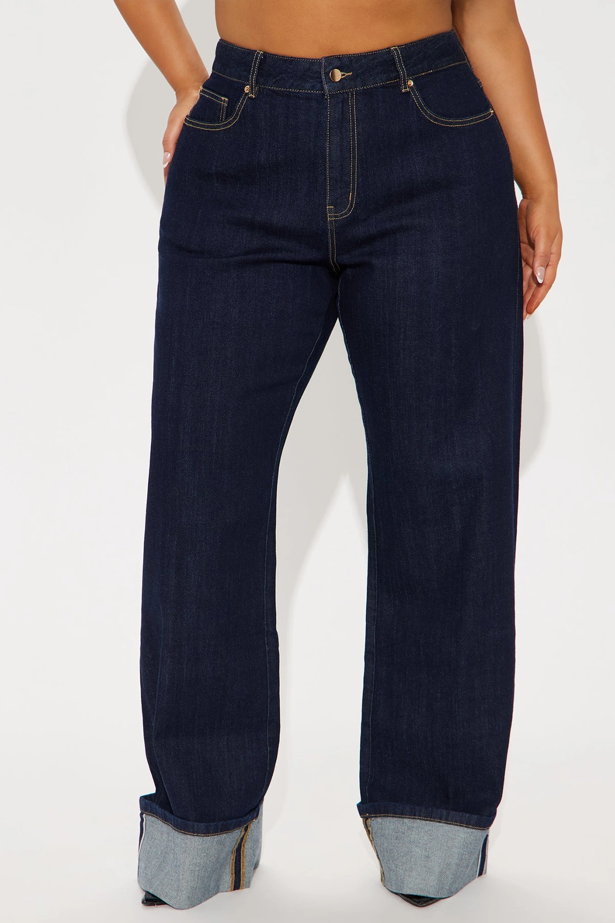 Tall Premium Cuffed Straight Leg Jeans - Dark Wash — Ganga de lavagem escura