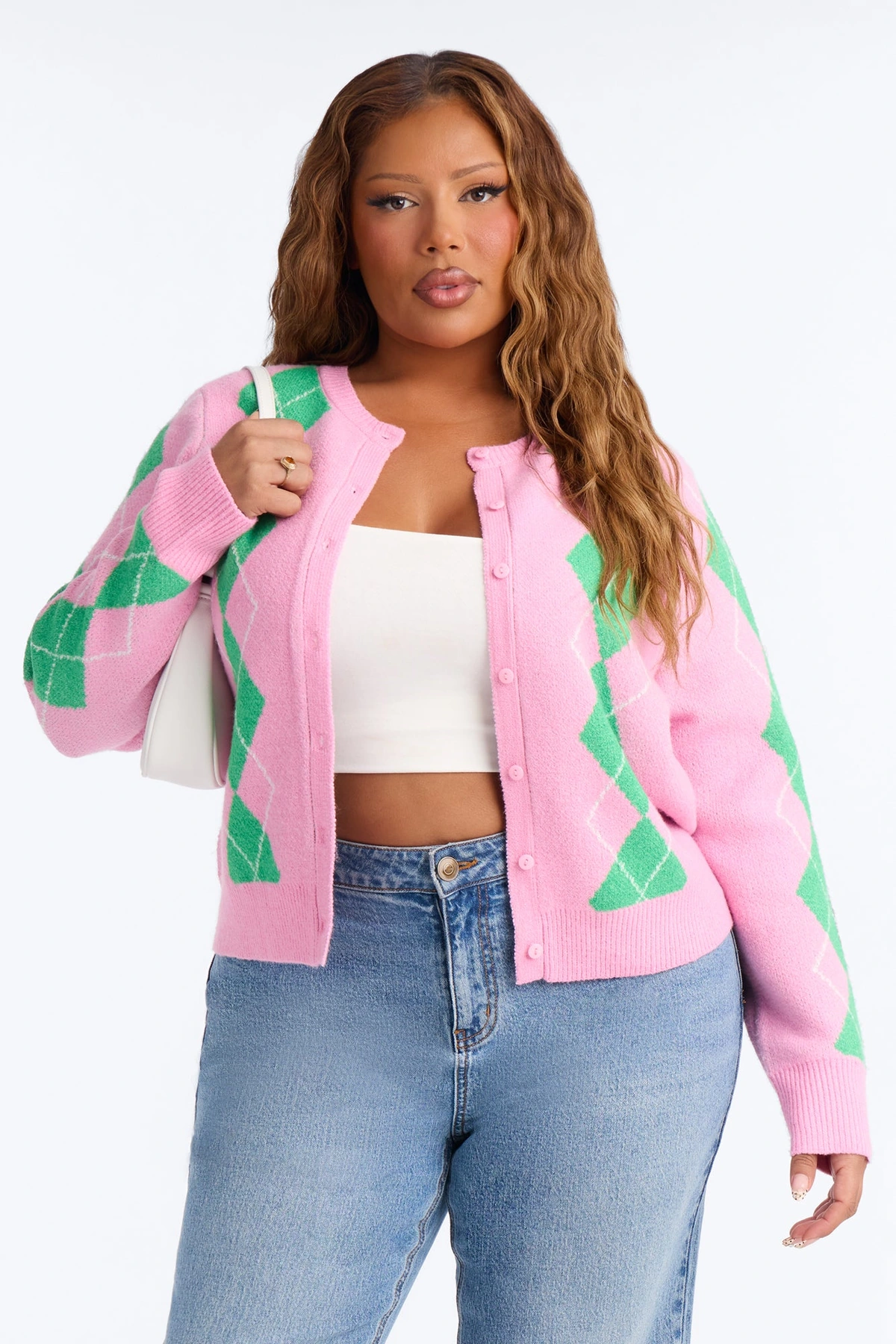 She Reads Argyle Sweater - Pink/combo — Rosa/combinação