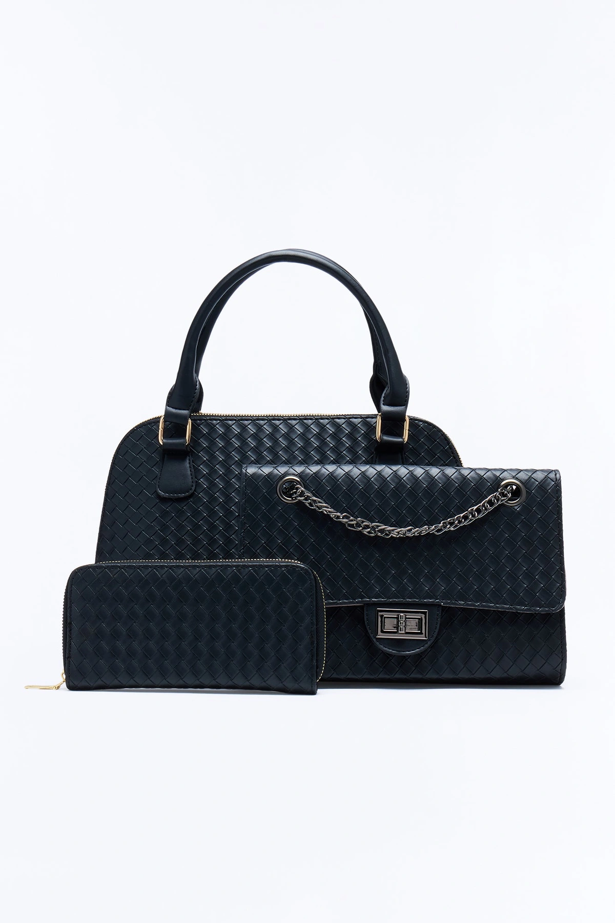 Bag It Up Faux Leather 3 Piece Satchel Handbag Set - Black — Preto