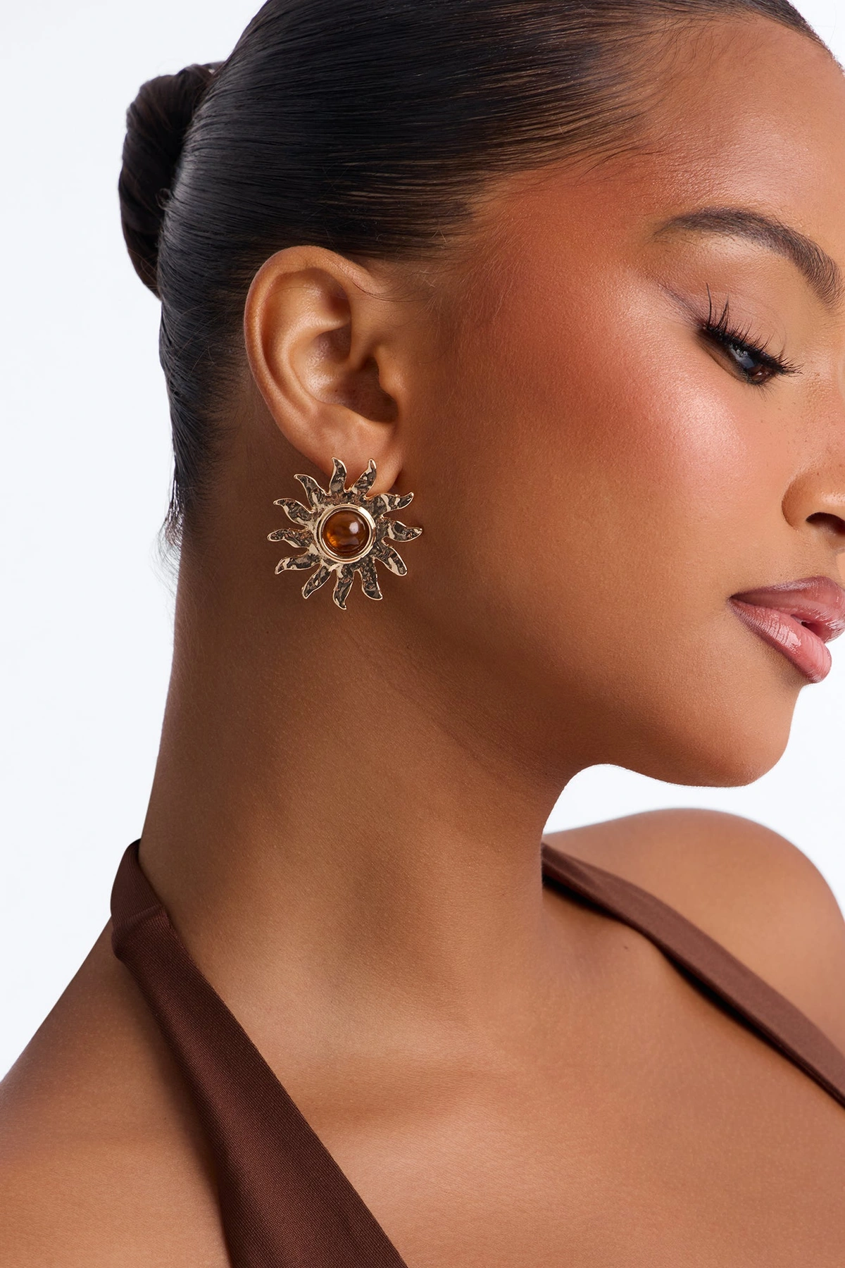 Golden Sun Jeweled Stud Earrings - Gold/Brown — Dourado/Castanho